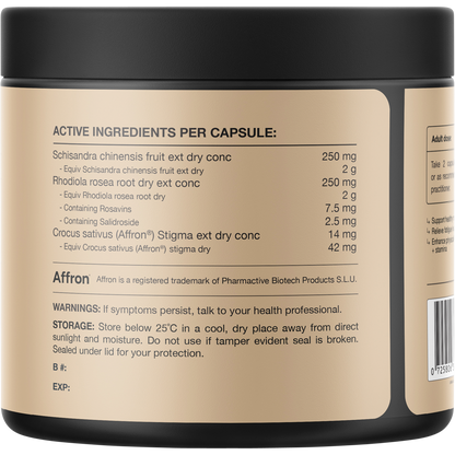 Back of Switch Nutrition Saffron + Rhodiola Stress Relief bottle showing directions and active ingredients.