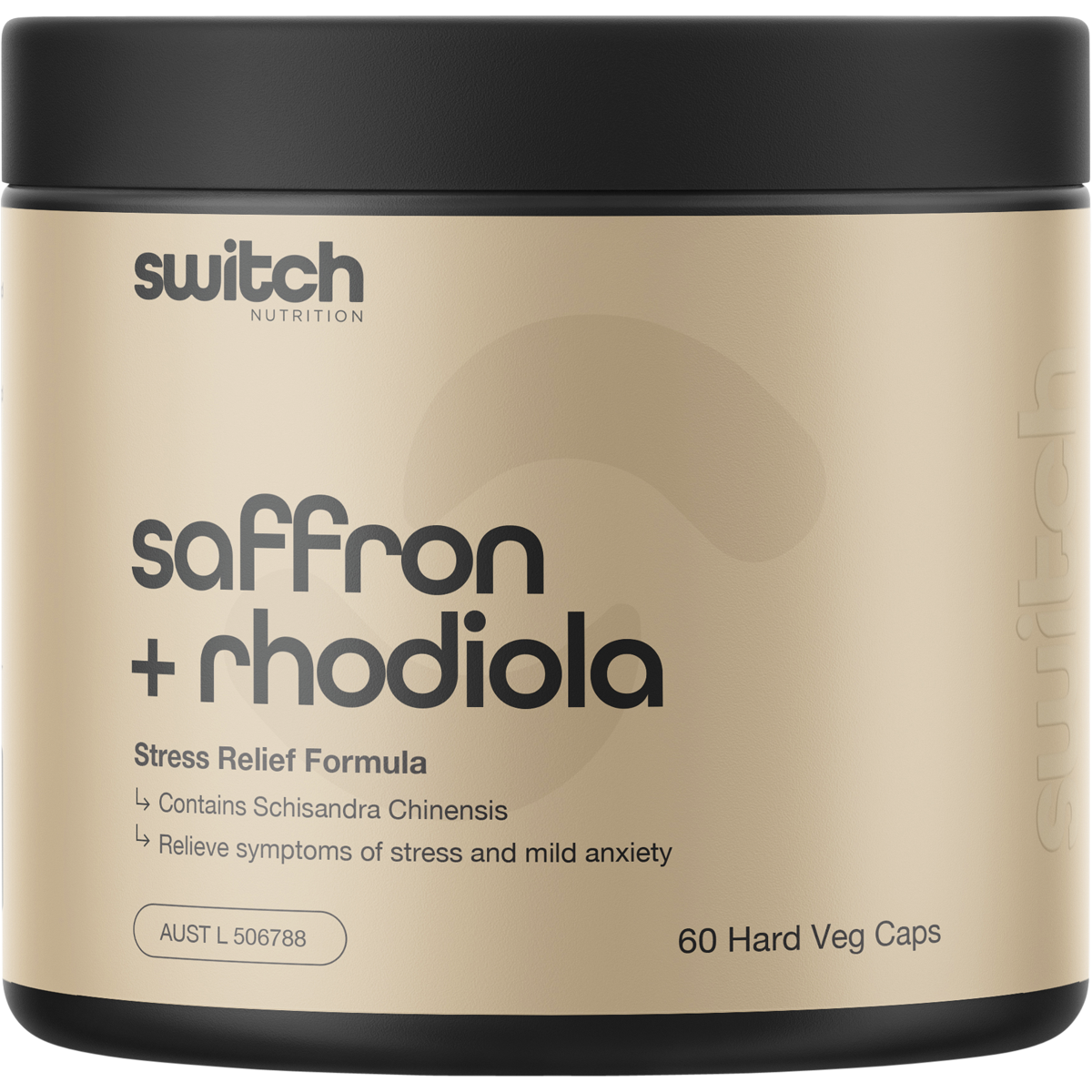Switch Nutrition Saffron + Rhodiola Stress Relief 60 Capsules bottle.