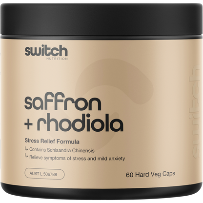 Switch Nutrition Saffron + Rhodiola Stress Relief 60 Capsules bottle.