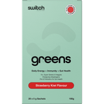 Front of a Switch Nutrition Greens Strawberry Kiwi 20-pack box featuring super greens and gut health benefits.