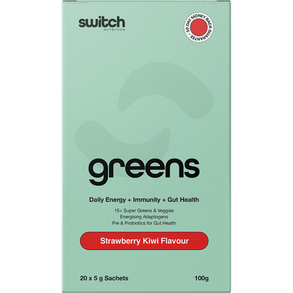 Front of a Switch Nutrition Greens Strawberry Kiwi 20-pack box featuring super greens and gut health benefits.