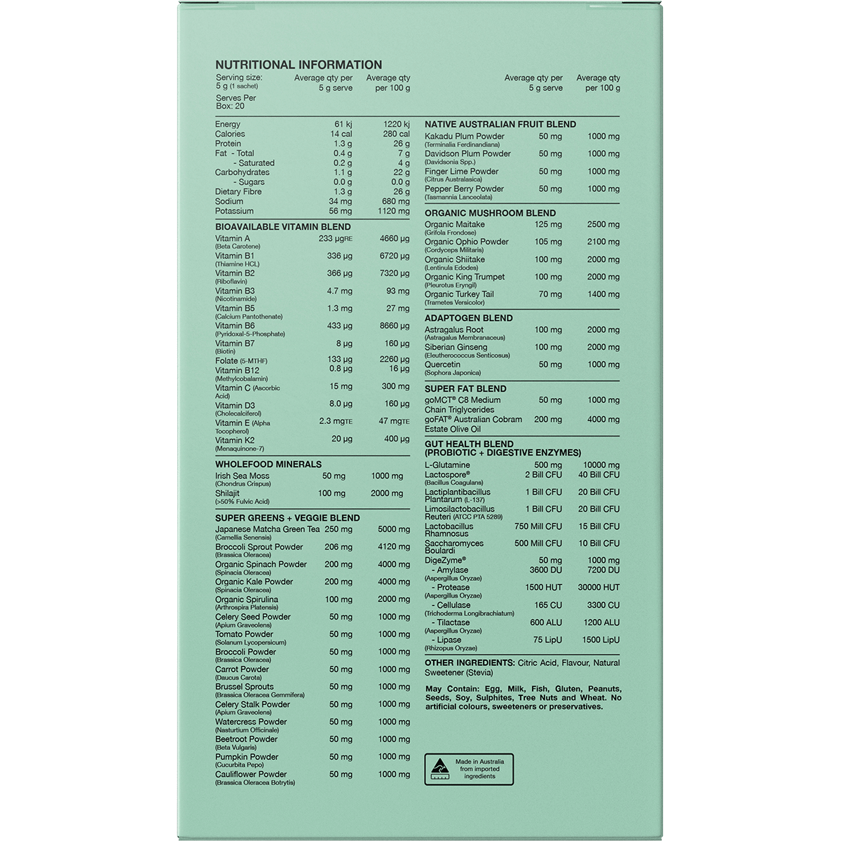 Back of Switch Nutrition Greens Strawberry Kiwi box showing nutrition facts, ingredients, and usage directions.