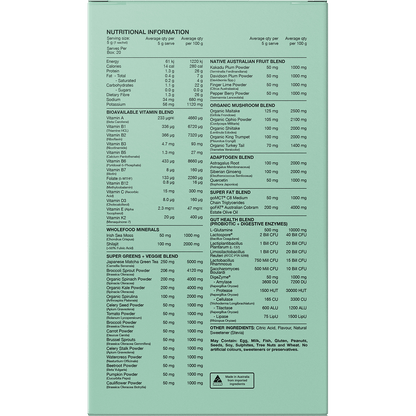 Back of Switch Nutrition Greens Strawberry Kiwi box showing nutrition facts, ingredients, and usage directions.