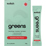Switch Nutrition Greens Strawberry Kiwi box and single-serve sachet featuring super greens, probiotics, and vitamins.