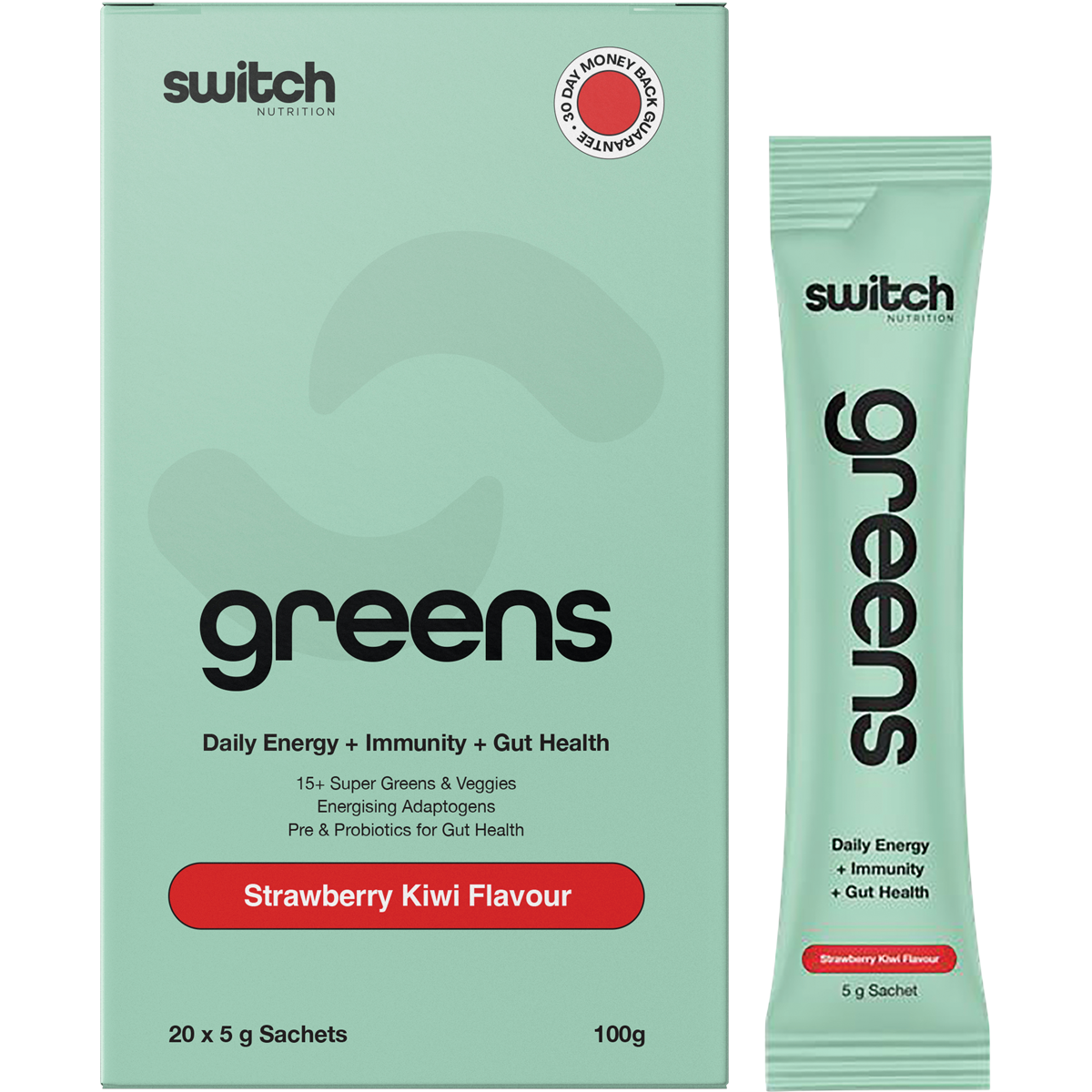 Switch Nutrition Greens Strawberry Kiwi box and single-serve sachet featuring super greens, probiotics, and vitamins.