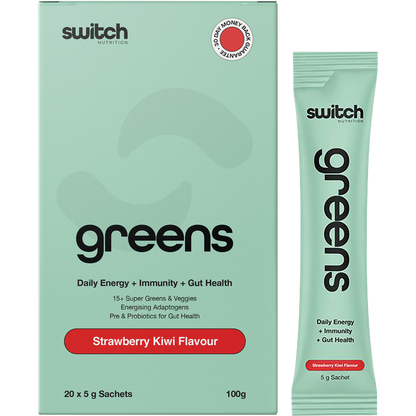 Switch Nutrition Greens Strawberry Kiwi box and single-serve sachet featuring super greens, probiotics, and vitamins.