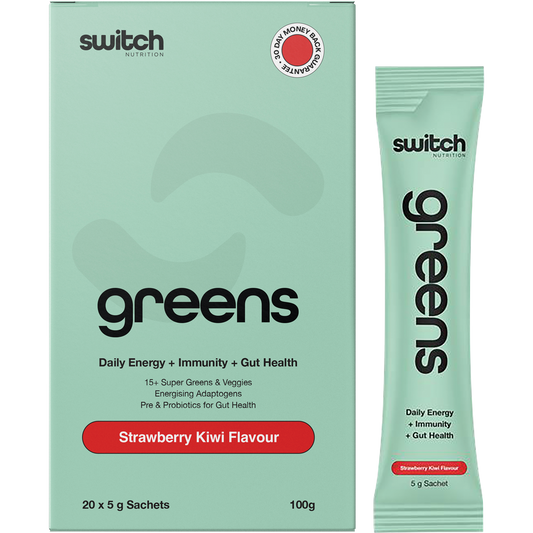 Switch Nutrition Greens Strawberry Kiwi box and single-serve sachet featuring super greens, probiotics, and vitamins.