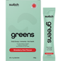 Switch Nutrition Greens Strawberry Kiwi box and single-serve sachet featuring super greens, probiotics, and vitamins.