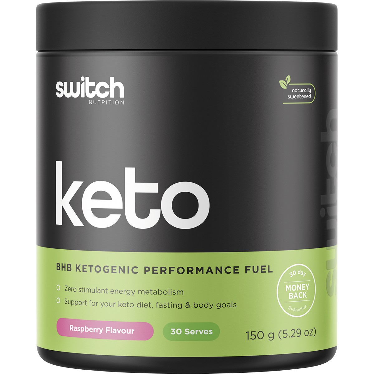 150g tub of Switch Nutrition Keto BHB Raspberry performance fuel with goBHB exogenous ketones on a white background.