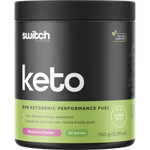 150g tub of Switch Nutrition Keto BHB Raspberry performance fuel with goBHB exogenous ketones on a white background.