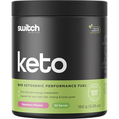 150g tub of Switch Nutrition Keto BHB Raspberry performance fuel with goBHB exogenous ketones on a white background.
