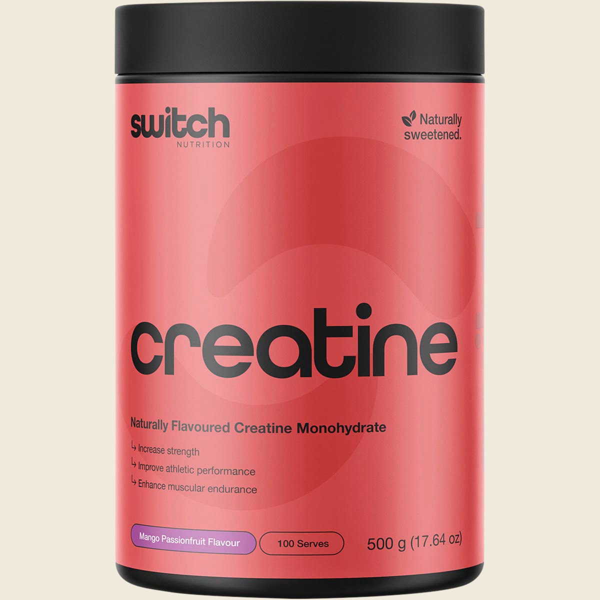 500g tub of Switch Nutrition Creatine Monohydrate in Mango Passionfruit flavor on a white background.
