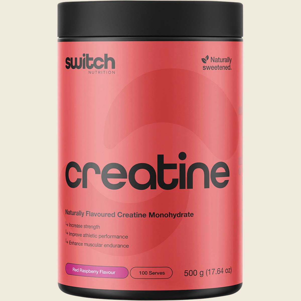 500g tub of Switch Nutrition Creatine Monohydrate Red Raspberry on a white background.