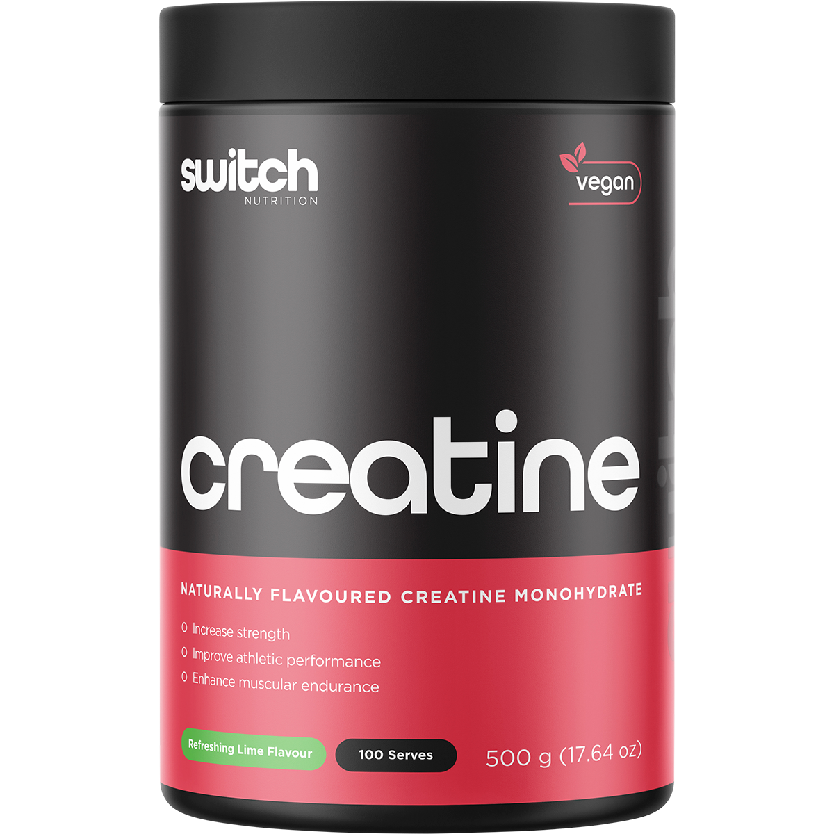 Switch Nutrition Creatine Monohydrate Refreshing Lime 500g tub with green and white labels on a white background.