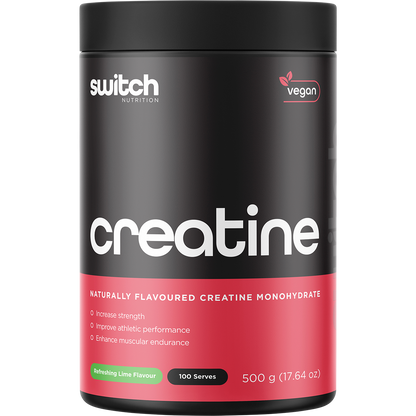 Switch Nutrition Creatine Monohydrate Refreshing Lime 500g tub with green and white labels on a white background.