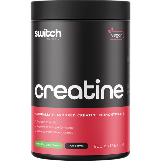 Switch Nutrition Creatine Monohydrate Refreshing Lime 500g tub with green and white labels on a white background.