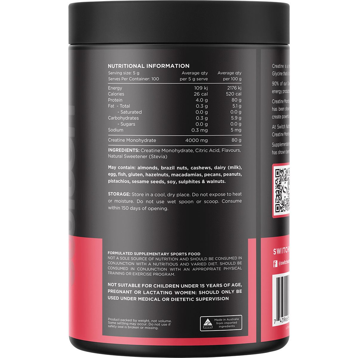 Back of a 500g tub of Switch Nutrition Refreshing Lime Creatine Monohydrate showing nutritional information.