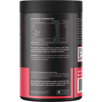 Back of a 500g tub of Switch Nutrition Refreshing Lime Creatine Monohydrate showing nutritional information.