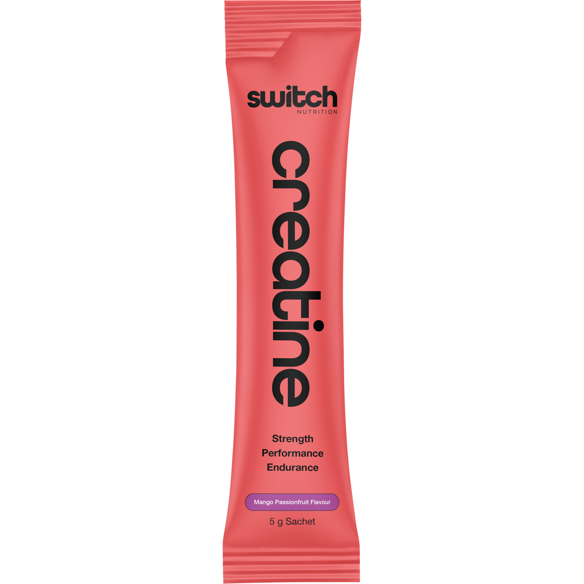 A 5g single-serve sachet of Switch Nutrition Mango Passionfruit Creatine Monohydrate on a white background.