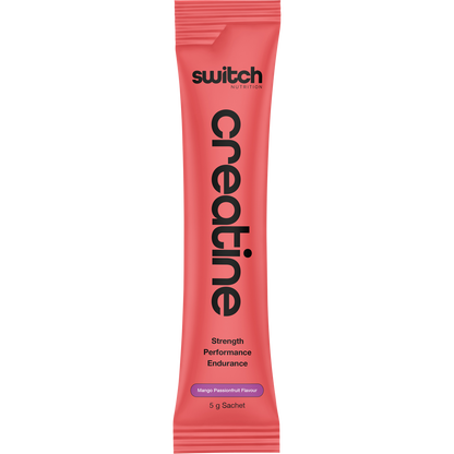 A 5g single-serve sachet of Switch Nutrition Mango Passionfruit Creatine Monohydrate on a white background.