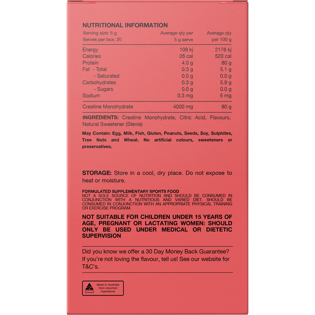 Back of Switch Nutrition Creatine Mango Passionfruit box with nutrition facts, ingredients, and usage directions.