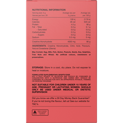 Back of Switch Nutrition Creatine Mango Passionfruit box with nutrition facts, ingredients, and usage directions.