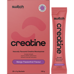 Box and single sachet of Switch Nutrition Mango Passionfruit Creatine Monohydrate on a white background.