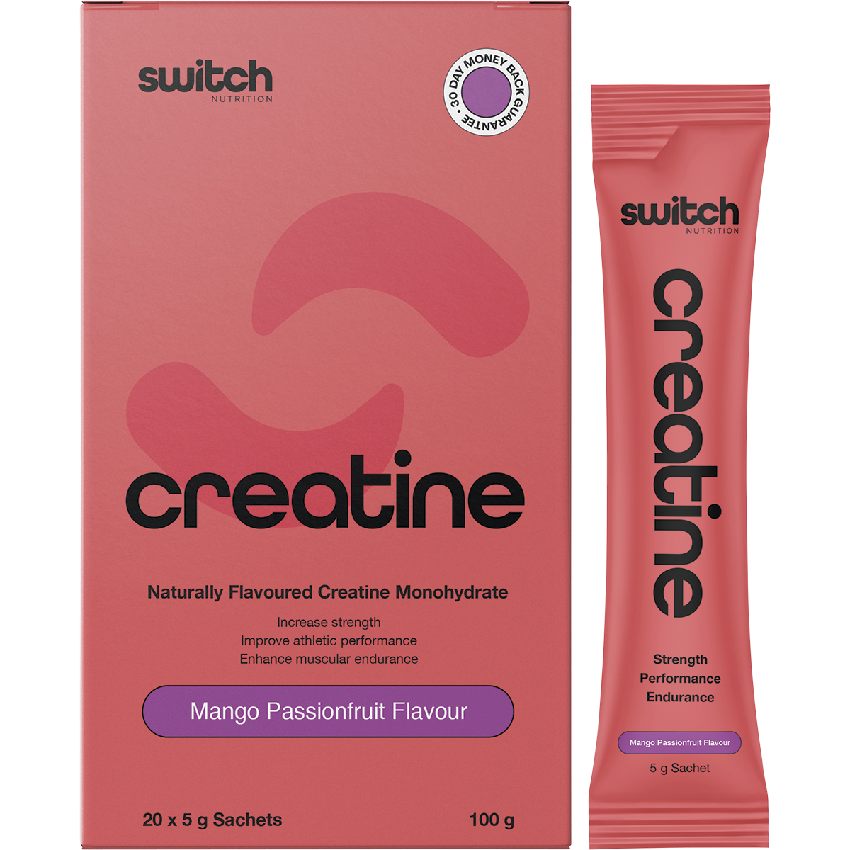 Box and single sachet of Switch Nutrition Mango Passionfruit Creatine Monohydrate on a white background.