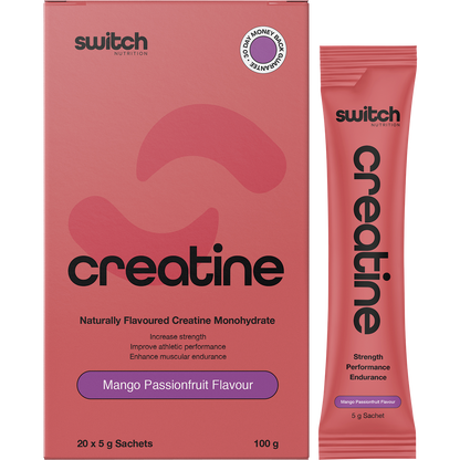 Box and single sachet of Switch Nutrition Mango Passionfruit Creatine Monohydrate on a white background.