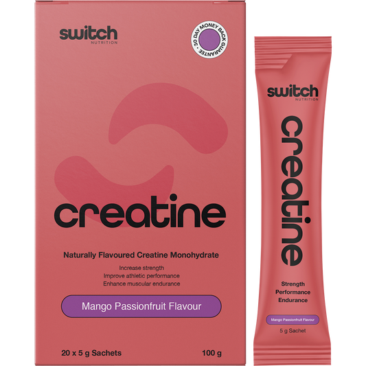 Box and single sachet of Switch Nutrition Mango Passionfruit Creatine Monohydrate on a white background.