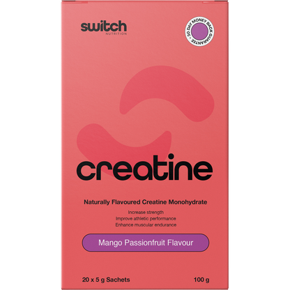 Mango Passionfruit Switch Nutrition Creatine Monohydrate 5g sachet featuring a vibrant yellow and orange label.