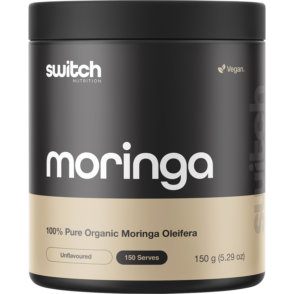 150g tub of Switch Nutrition Moringa 100% Pure Organic Moringa Oleifera Unflavoured powder on a white background.