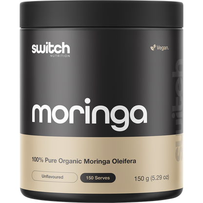 150g tub of Switch Nutrition Moringa 100% Pure Organic Moringa Oleifera Unflavoured powder on a white background.