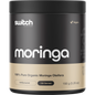 150g tub of Switch Nutrition Moringa 100% Pure Organic Moringa Oleifera Unflavoured powder on a white background.