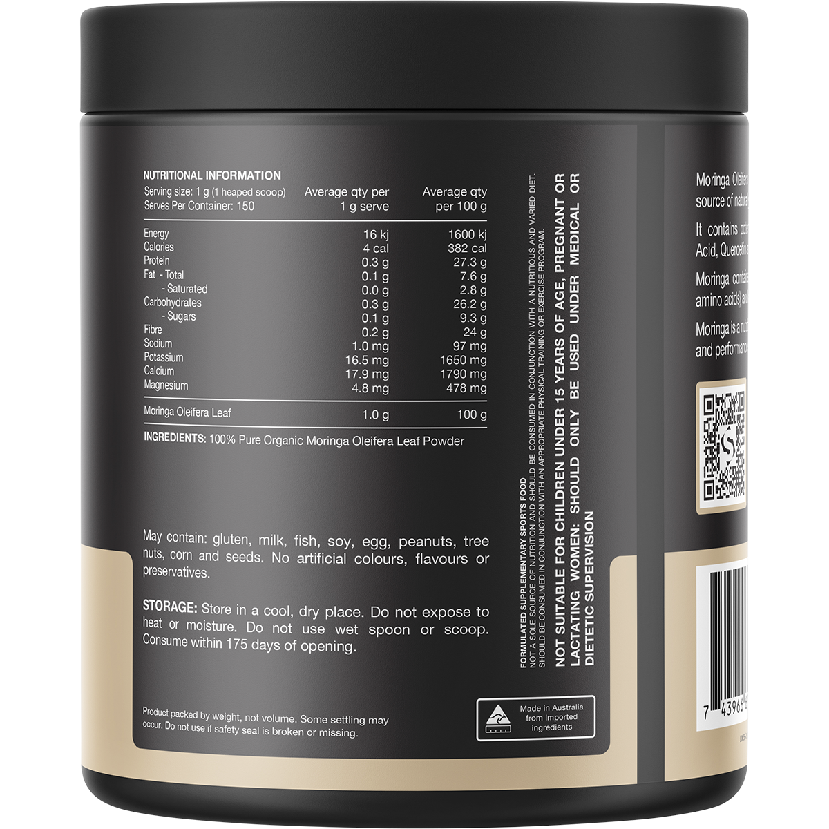 Back of Switch Nutrition Moringa 150g tub showing the nutritional information panel and directions for use.