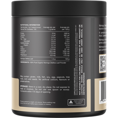 Back of Switch Nutrition Moringa 150g tub showing the nutritional information panel and directions for use.