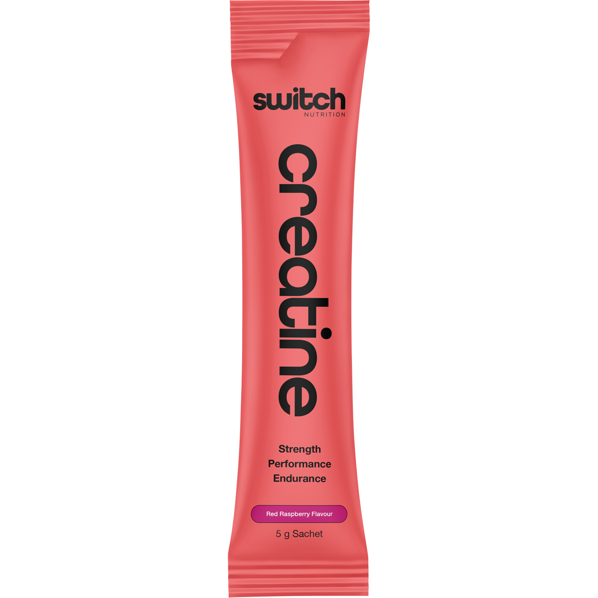 Side view of a Switch Nutrition Red Raspberry Creatine box highlighting product benefits and a 100% natural logo.