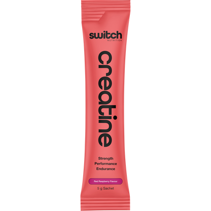 Side view of a Switch Nutrition Red Raspberry Creatine box highlighting product benefits and a 100% natural logo.