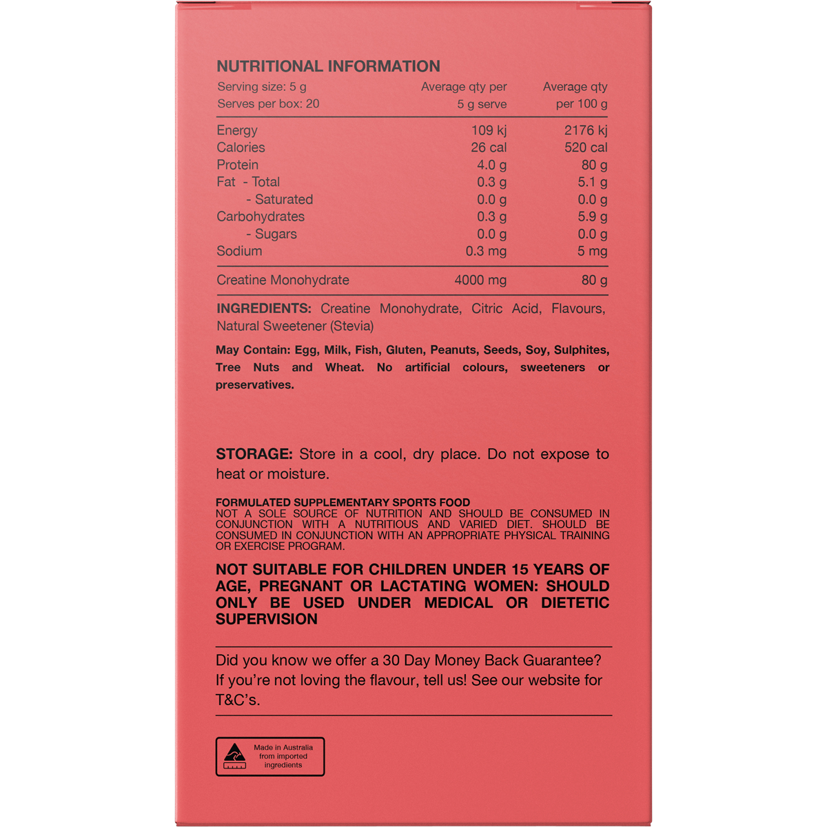 Back of Switch Nutrition Red Raspberry Creatine box with nutrition facts, ingredients, and usage directions.