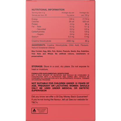 Back of Switch Nutrition Red Raspberry Creatine box with nutrition facts, ingredients, and usage directions.