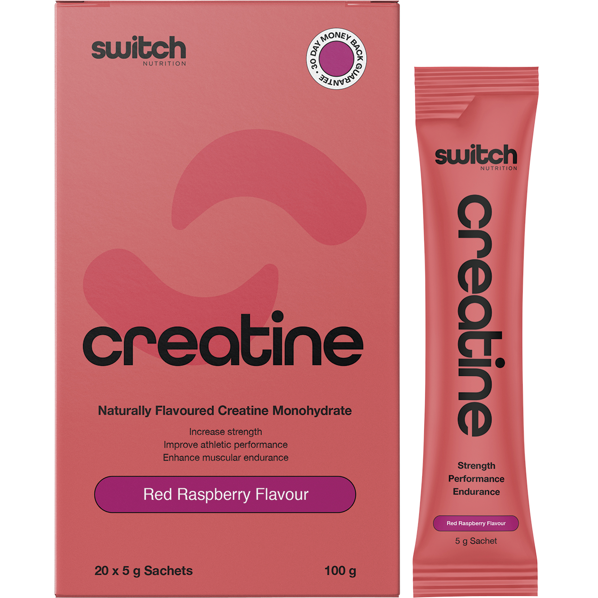Switch Nutrition Red Raspberry Creatine Monohydrate 20-pack box with a single sachet and a glass of red liquid.