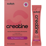 Switch Nutrition Red Raspberry Creatine Monohydrate 20-pack box with a single sachet and a glass of red liquid.