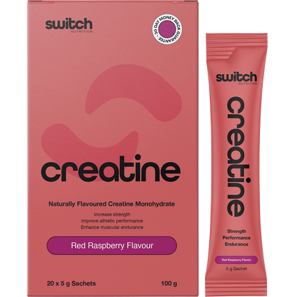 Switch Nutrition Red Raspberry Creatine Monohydrate 20-pack box with a single sachet and a glass of red liquid.