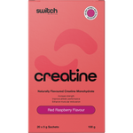 Single Red Raspberry Creatine Monohydrate sachet from Switch Nutrition on a white background.