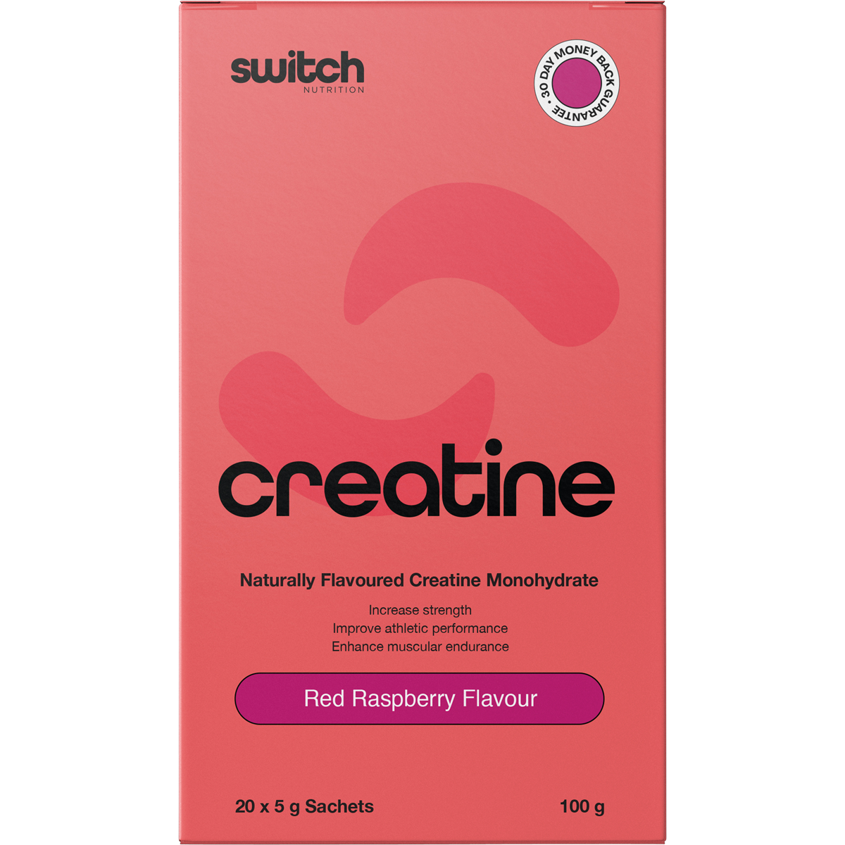 Single Red Raspberry Creatine Monohydrate sachet from Switch Nutrition on a white background.