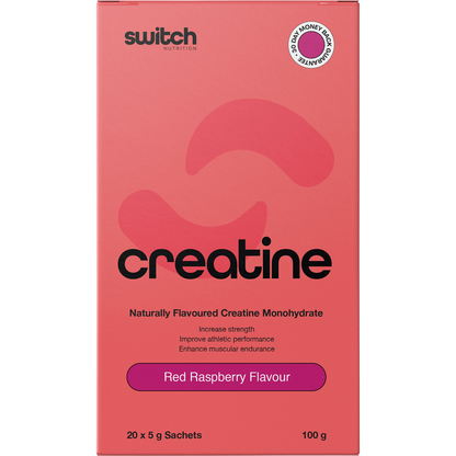 Single Red Raspberry Creatine Monohydrate sachet from Switch Nutrition on a white background.