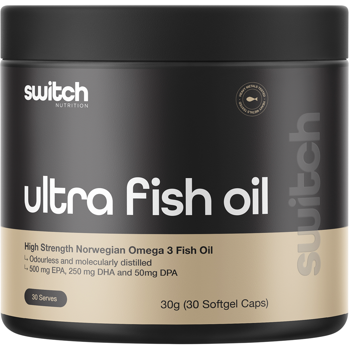 White tub of Switch Nutrition Ultra Fish Oil High Strength Norwegian Omega 3 featuring blue and silver labels.