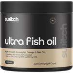 White tub of Switch Nutrition Ultra Fish Oil High Strength Norwegian Omega 3 featuring blue and silver labels.
