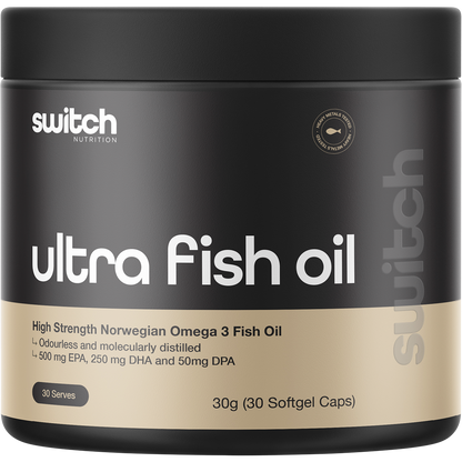 White tub of Switch Nutrition Ultra Fish Oil High Strength Norwegian Omega 3 featuring blue and silver labels.