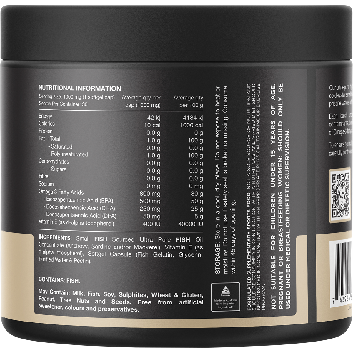Back of a Switch Nutrition Ultra Fish Oil tub showing nutritional information and ingredients on a white background.